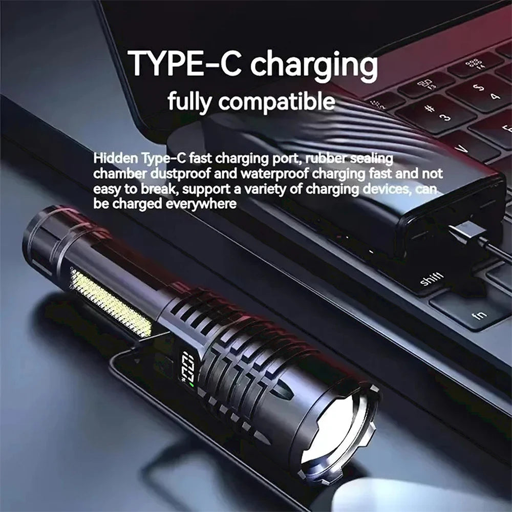 Lampe torche LED haute puissance, rechargeable COB TYPE-C avec éclairage latéral pour le camping et la randonnée en plein air - Camp de Base Farzen