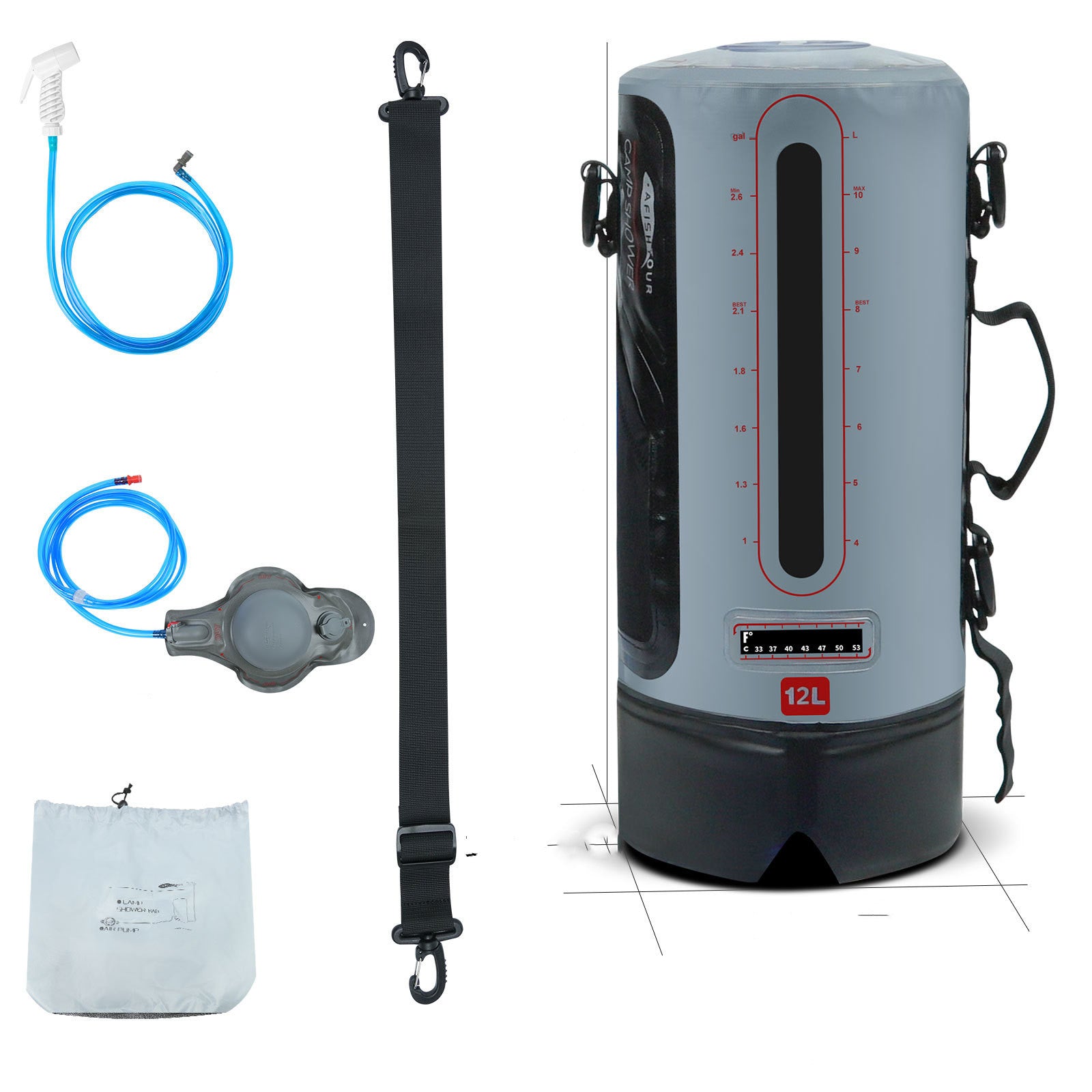 Sac de Douche Solaire 12L PVC Chauffage Naturel pour Camping - Camp de Base Farzen