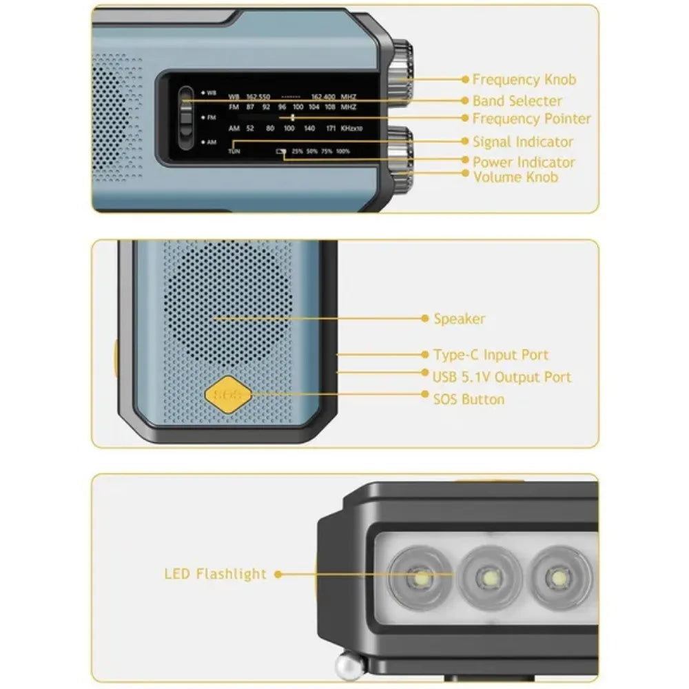Radio Météo Urgence FM AM WB - Solaire Manivelle 2000mAh LED - Camp de Base Farzen