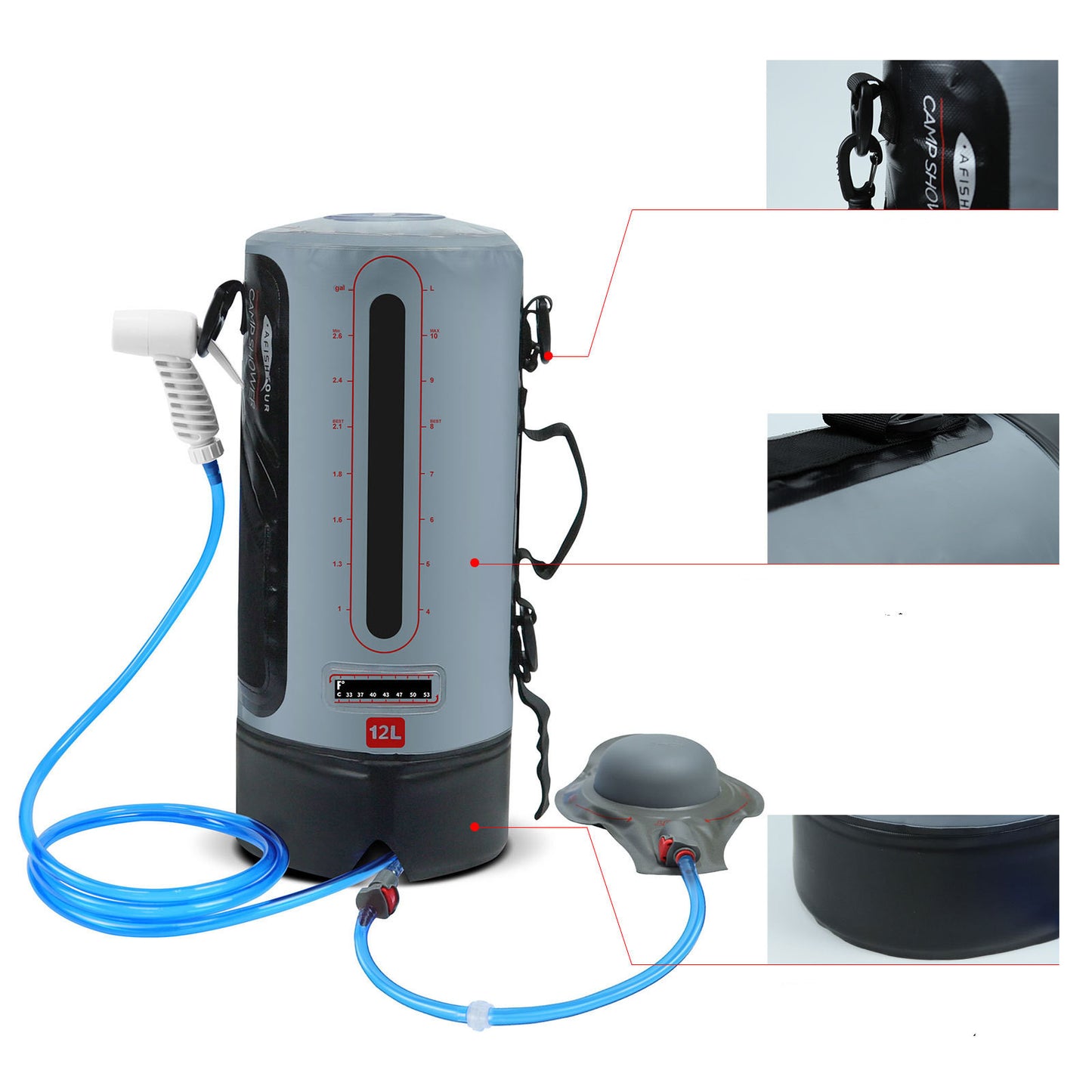 Sac de Douche Solaire 12L PVC Chauffage Naturel pour Camping - Camp de Base Farzen