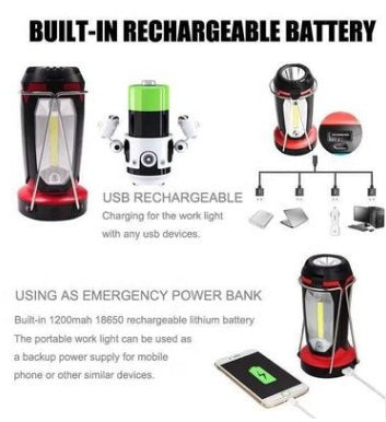 Lampe LED COB Multifonction USB - Crochet Camping Auto 337g - Camp de Base Farzen