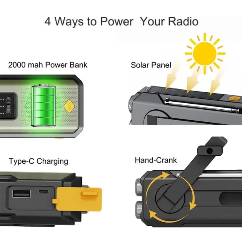 Radio Météo Urgence FM AM WB - Solaire Manivelle 2000mAh LED - Camp de Base Farzen