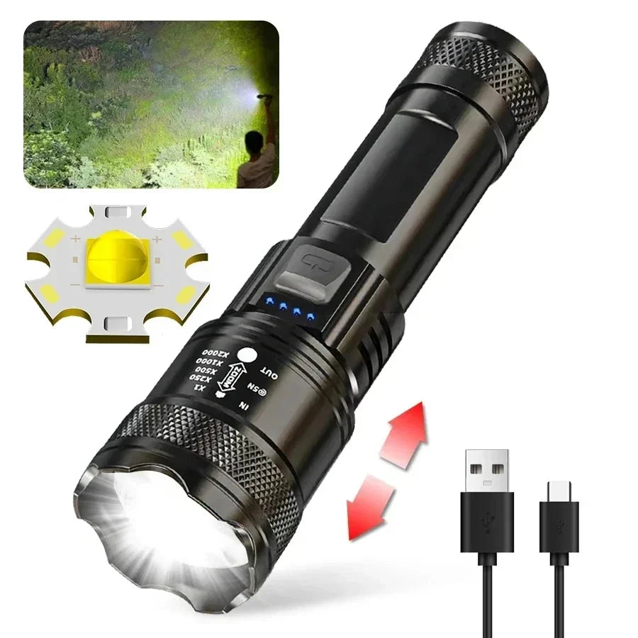 Lampe Torche LED Professionnelle Rechargeable USB - Écran Digital Zoom 100g - Camp de Base Farzen
